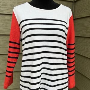 J. CREW women's size M, white, black stripes & coral striped sleeves sweater